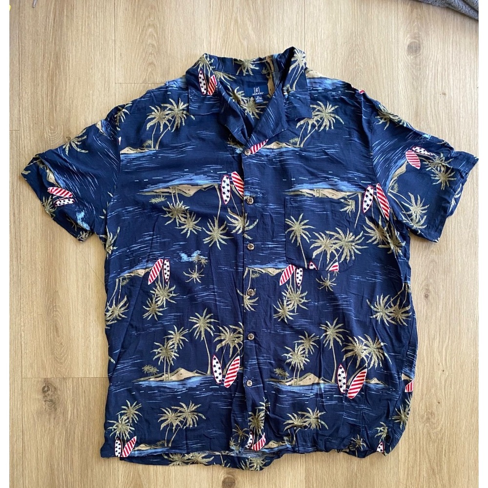 George Mens XL Hawaiian Shirt Rayon Navy Surfboard Palm Tree GM20Y038